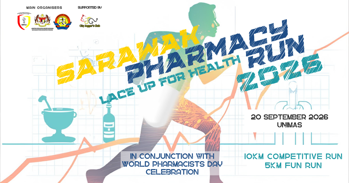 Sarawak Pharmacy Run 2026 event banner - UNIMAS Stadium, Kota Samarahan ...